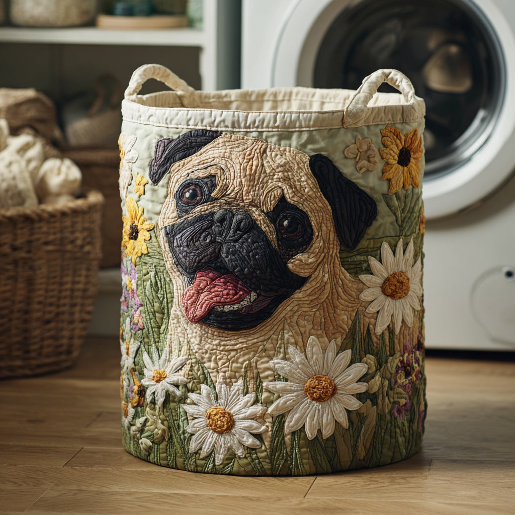 Pug Among the Daisies | Quilted Laundry Basket