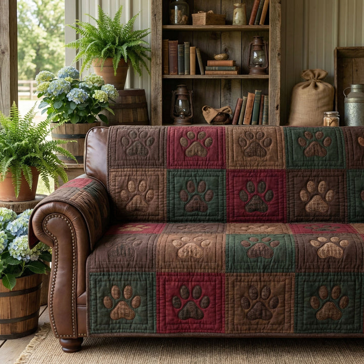 Rustic PawPrints Quilted Sofa Cover