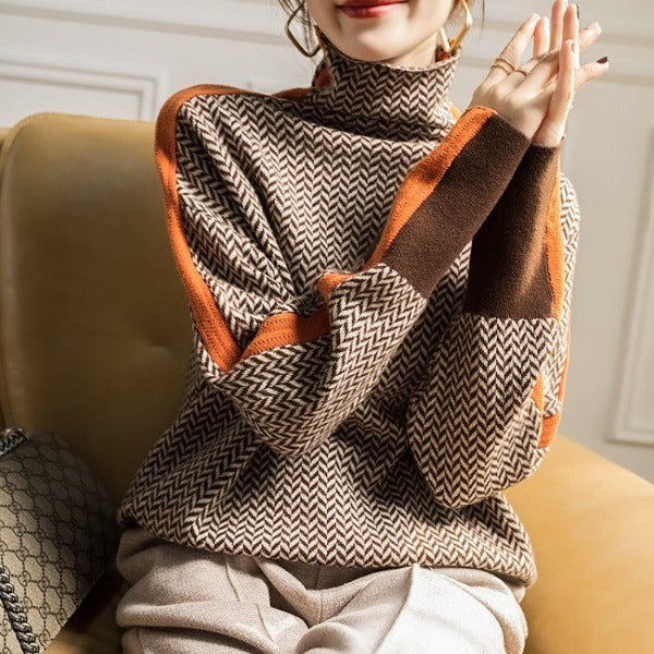 Delia | Luxe Herringbone High-Collar Jumper