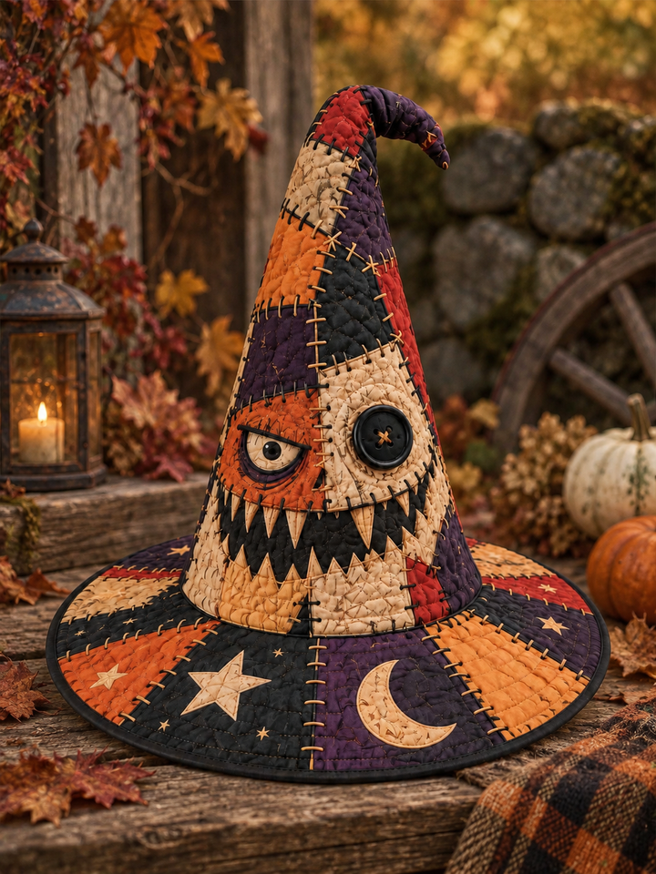 Patchwork Button-Eye Monster Gothic Handcrafted Quilted Witch Hat