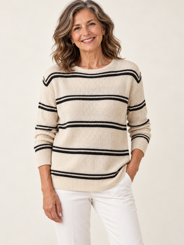 Lorraine – Striped Crewneck Jumper on a mature model