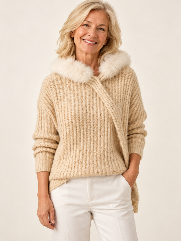 Adele – Women's Faux Fur Collar Knit Jumper on a mature model