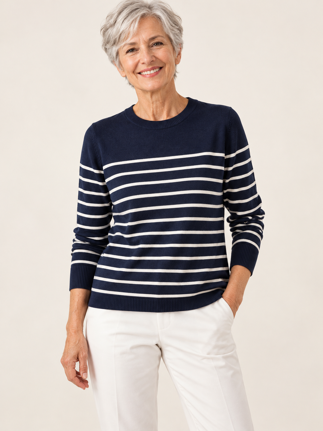 Marion – Breton Stripe Crewneck Pullover Jumper on a mature model