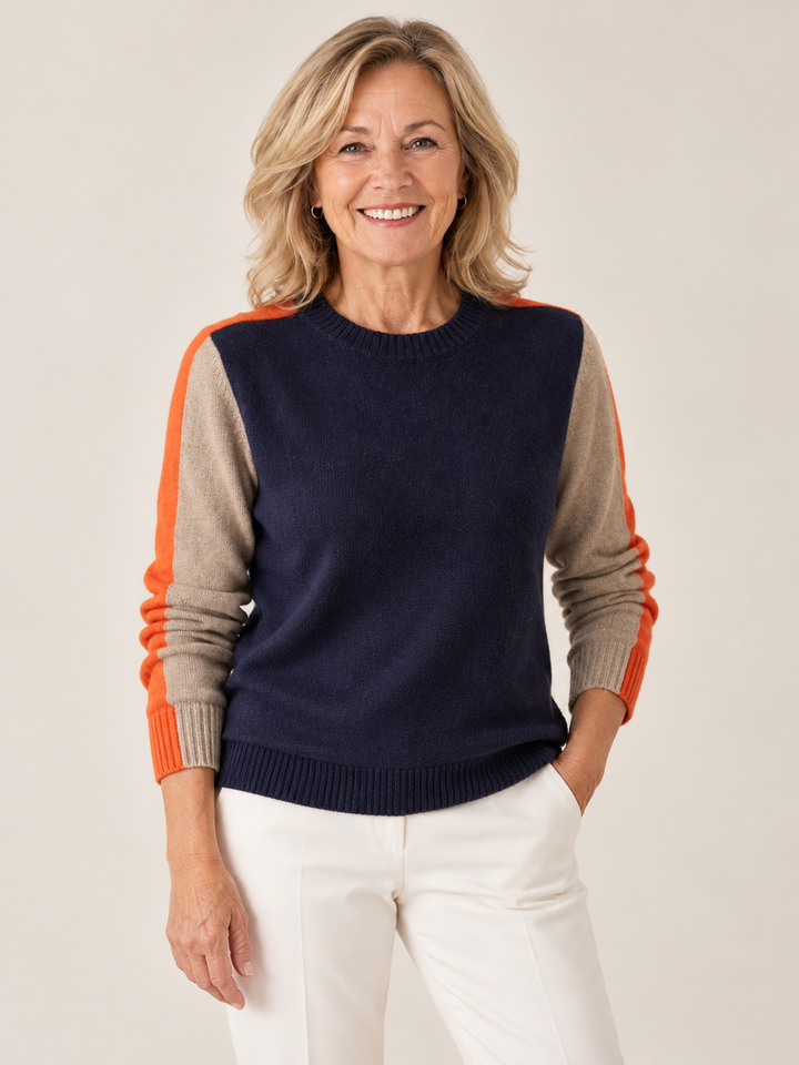Scarlett – Dark Blue-Orange-Taupe Jumper on a mature model
