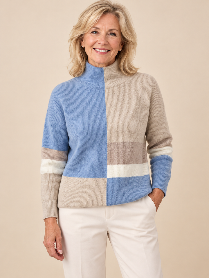 Sophie – Block Pattern Jumper in Blue-Beige on a mature model