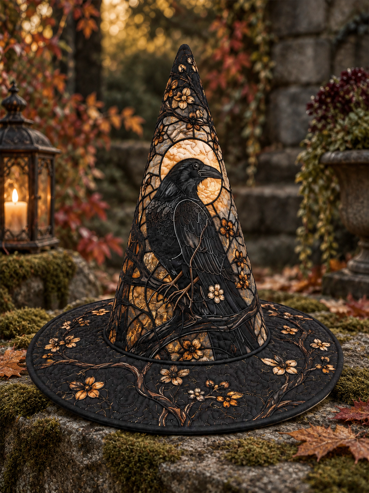 Golden Raven Moonlit Garden Gothic Handcrafted Quilted Witch Hat