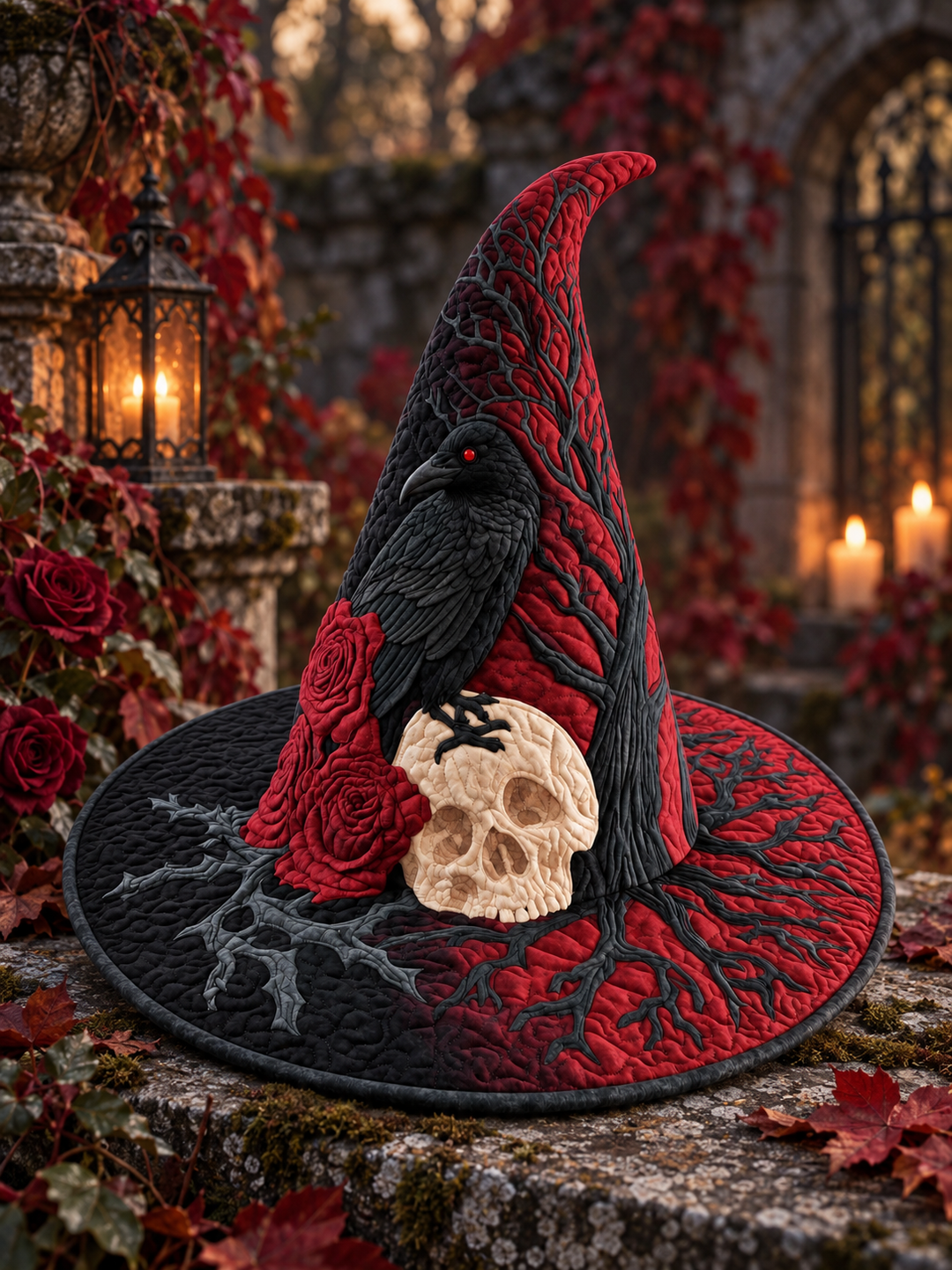 Crimson Raven Skull Rose Gothic Handcrafted Quilted Witch Hat