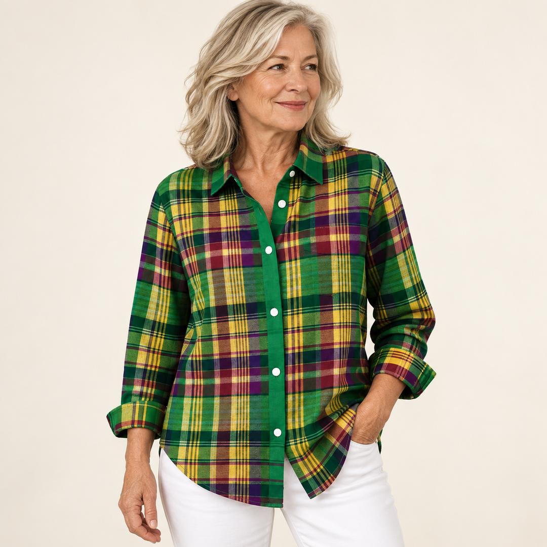 ELINDRA™ - CHECKED HOODIE BLOUSE IN VIVID GREEN TONES