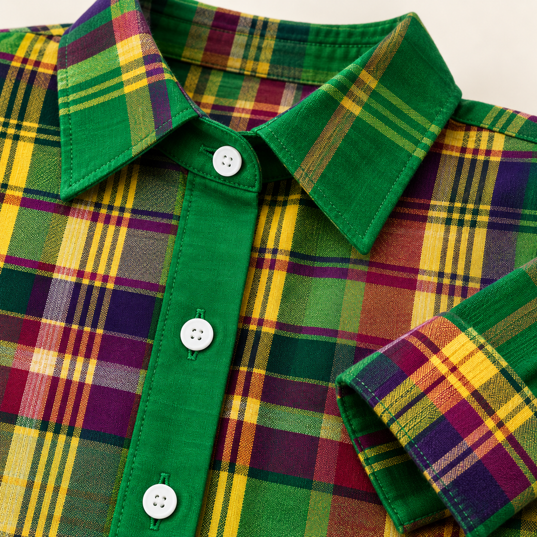 ELINDRA™ - CHECKED HOODIE BLOUSE IN VIVID GREEN TONES