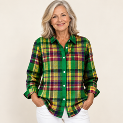 ELINDRA™ - CHECKED HOODIE BLOUSE IN VIVID GREEN TONES