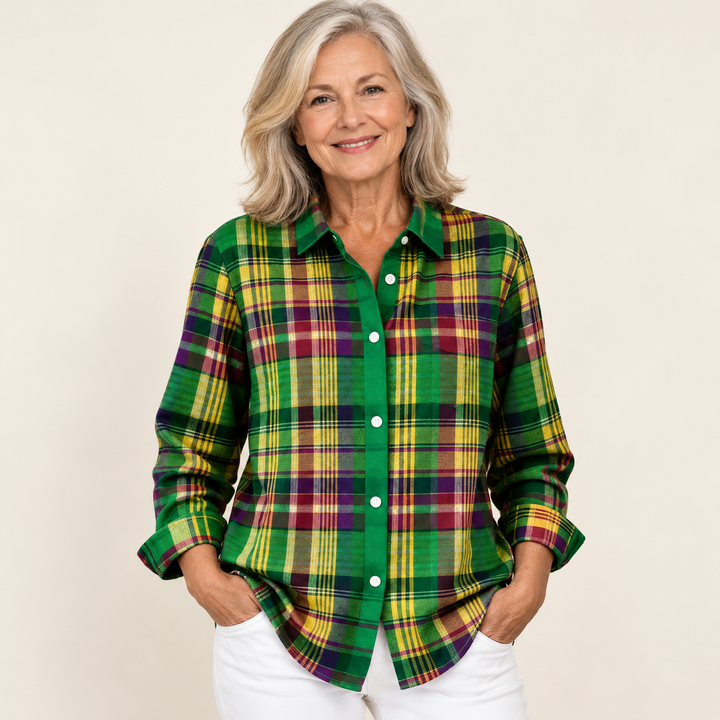 ELINDRA™ - CHECKED HOODIE BLOUSE IN VIVID GREEN TONES