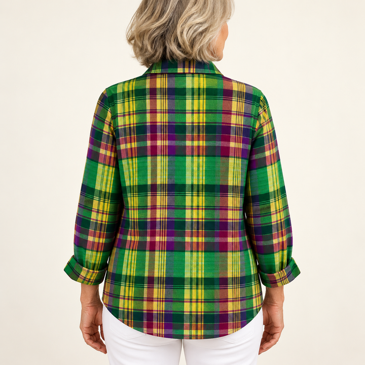 ELINDRA™ - CHECKED HOODIE BLOUSE IN VIVID GREEN TONES
