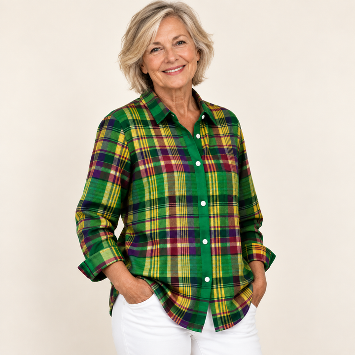 ELINDRA™ - CHECKED HOODIE BLOUSE IN VIVID GREEN TONES
