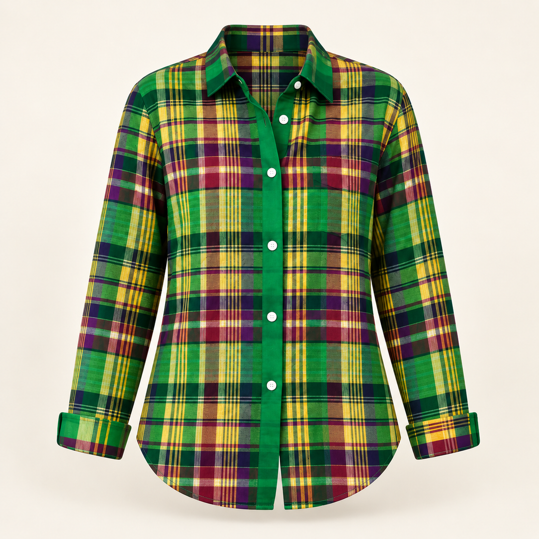 ELINDRA™ - CHECKED HOODIE BLOUSE IN VIVID GREEN TONES