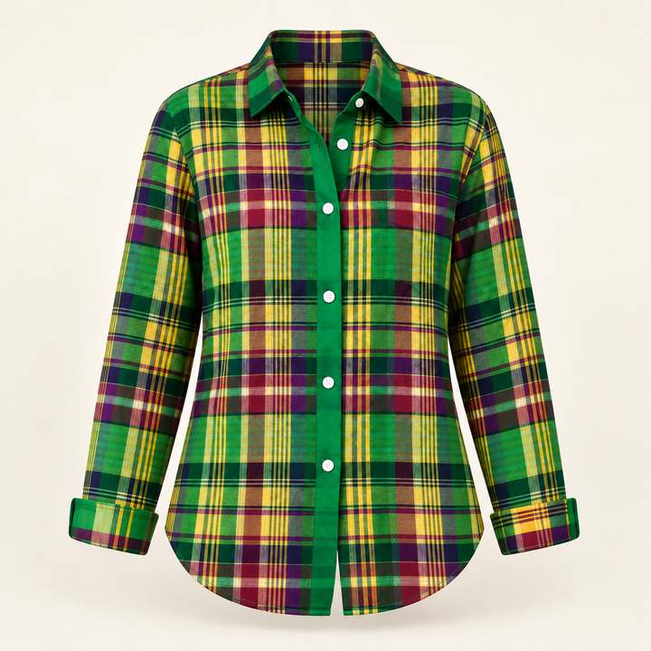ELINDRA™ - CHECKED HOODIE BLOUSE IN VIVID GREEN TONES