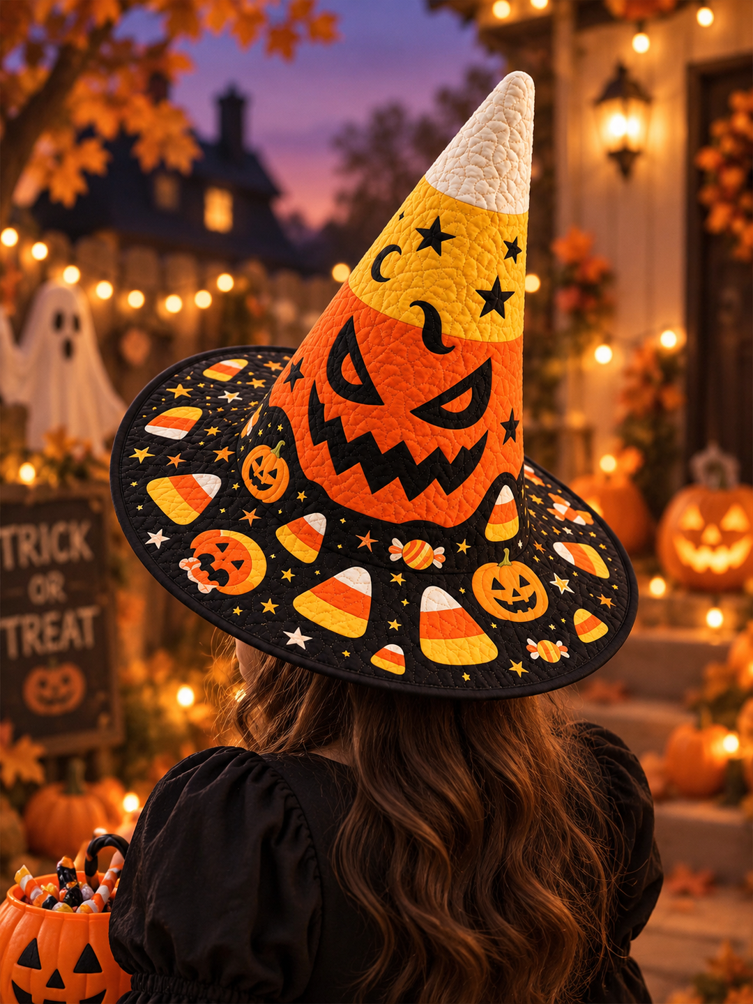 Candy Corn Pumpkin Halloween Handcrafted Quilted Witch Hat