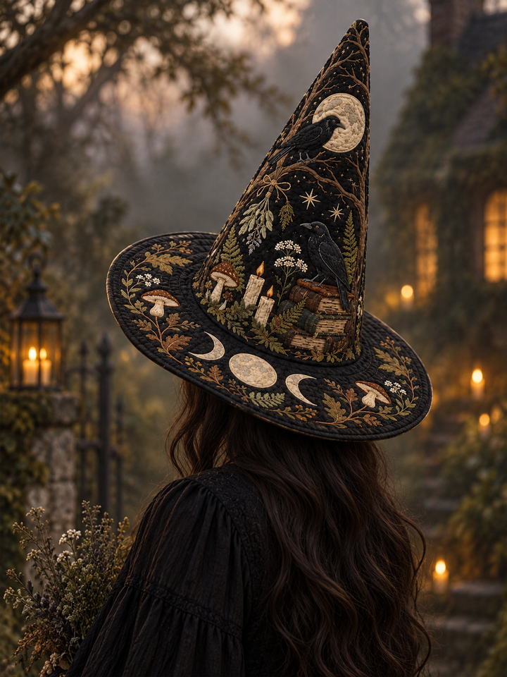 Moonlit Raven Enchanted Library Gothic Handcrafted Quilted Witch Hat