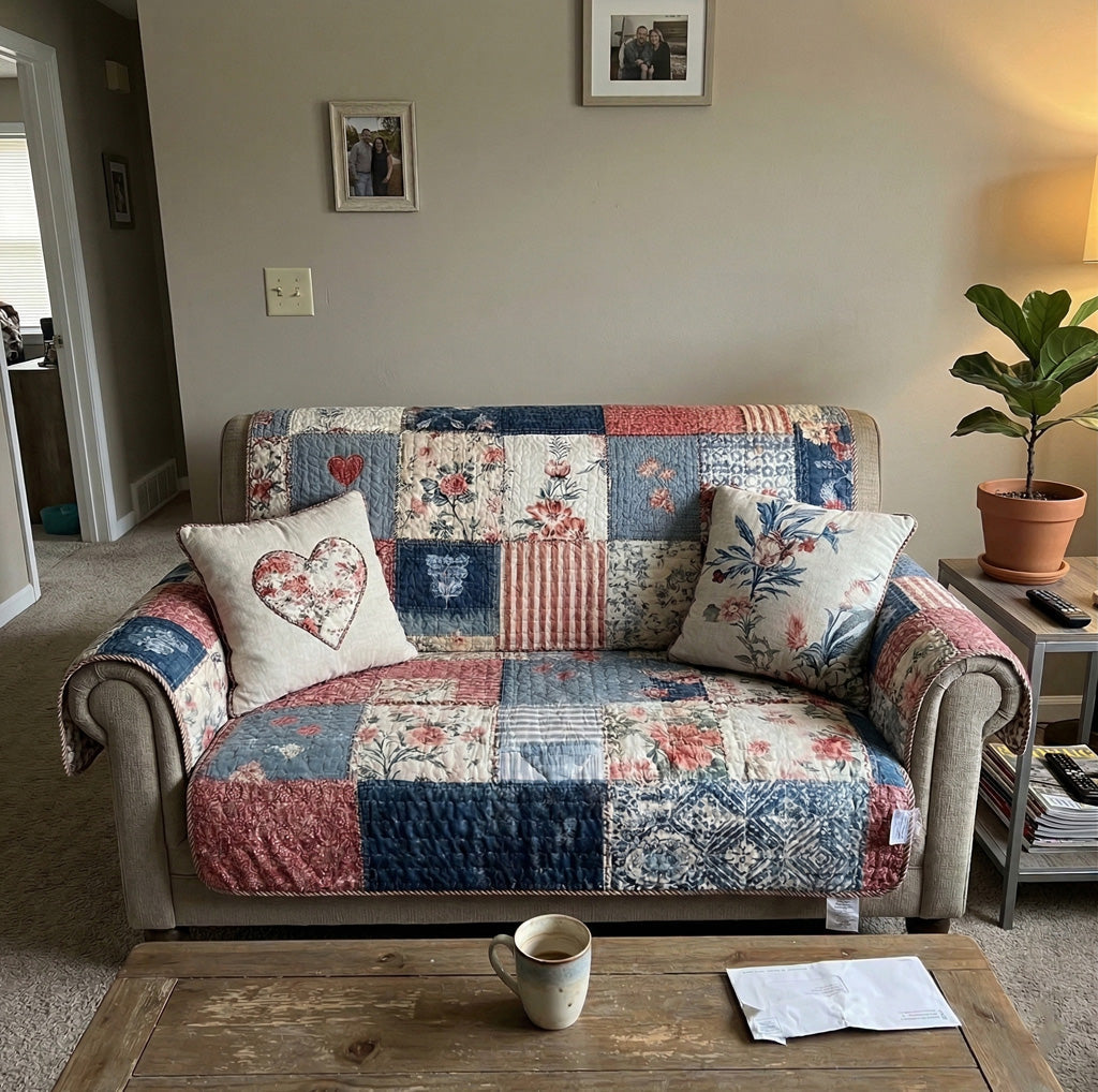 Cottage Charm Heart Quilted Sofa Protector