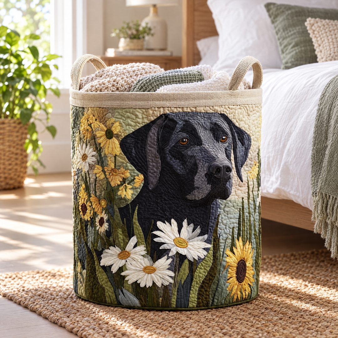 Floral Black Lab | Quilted Laundry Basket