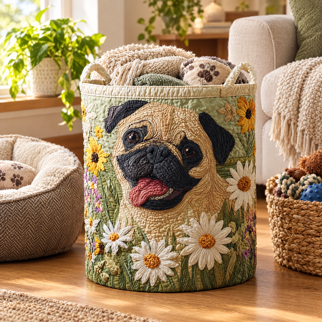 Pug Among the Daisies | Quilted Laundry Basket
