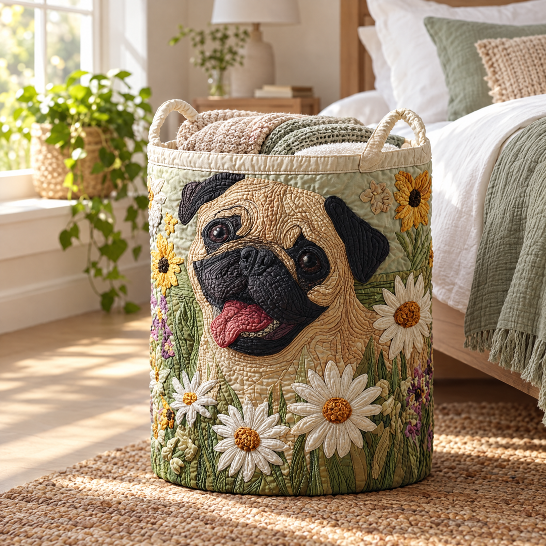Pug Among the Daisies | Quilted Laundry Basket