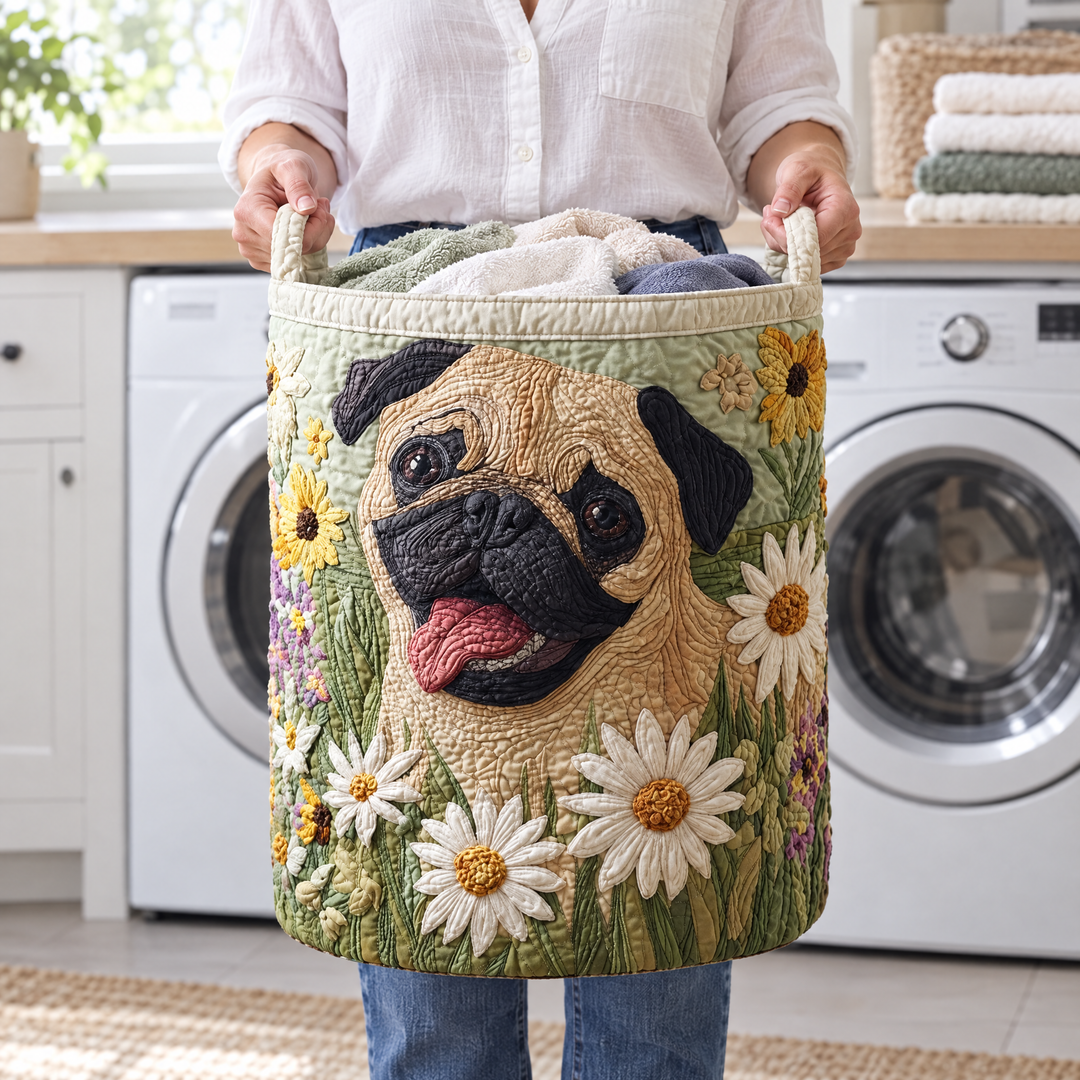 Pug Among the Daisies | Quilted Laundry Basket