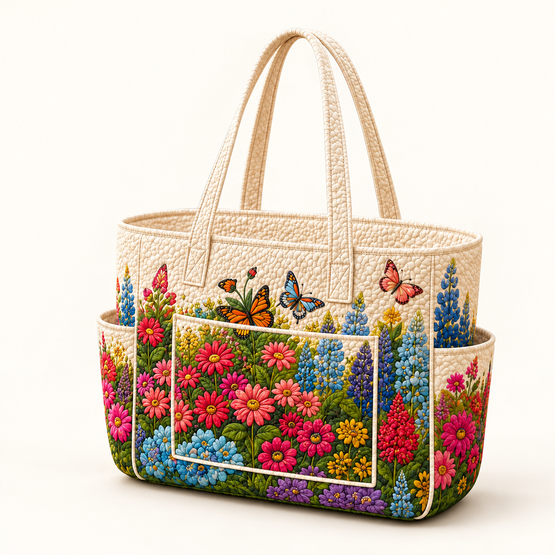 Íde floral quilted tote bag on a light cream background