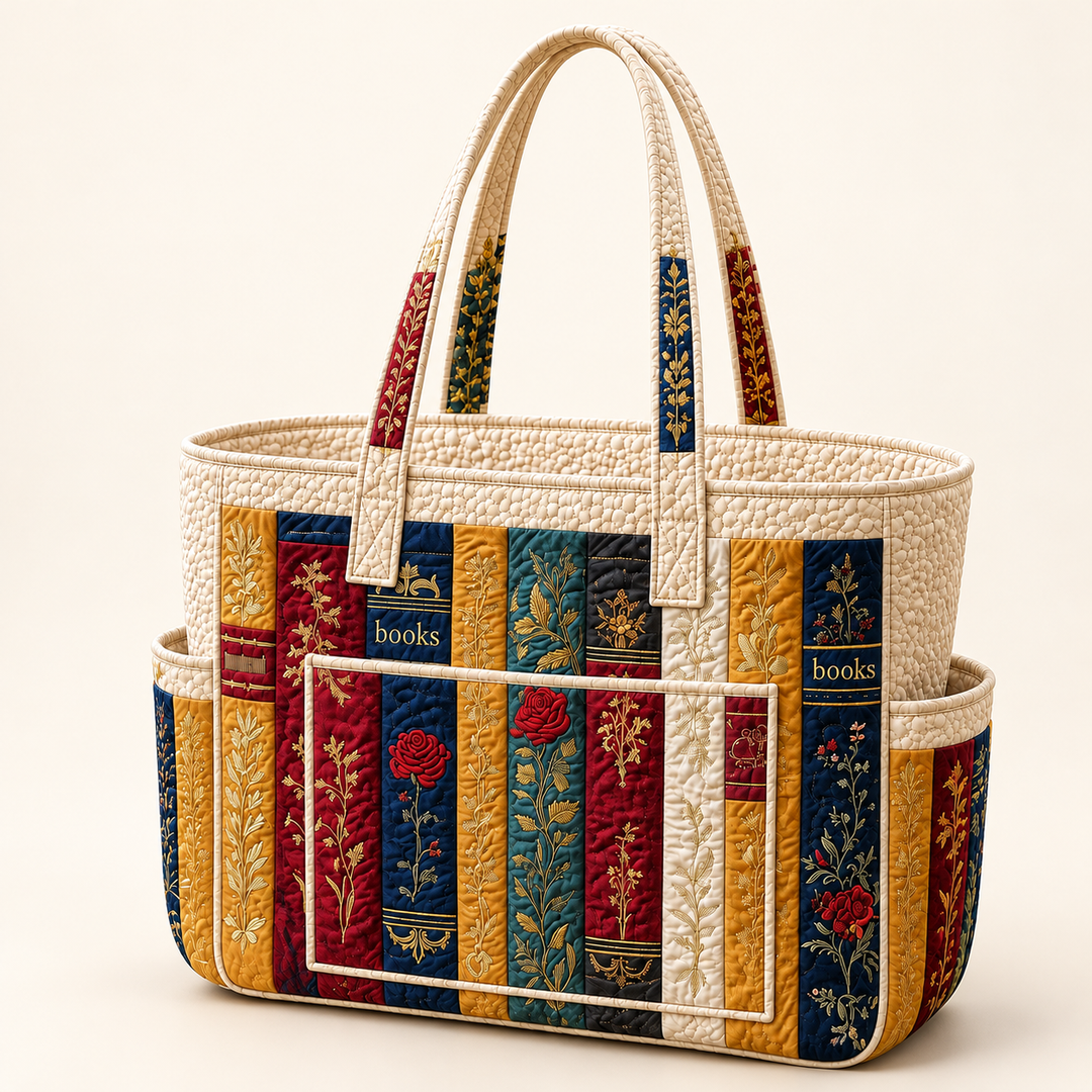 Niamh | Quilted Tote Bag with Books on a light cream background