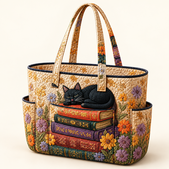Siobhán | Quilted Tote Bag with a Sleeping Cat and Books on a light cream background