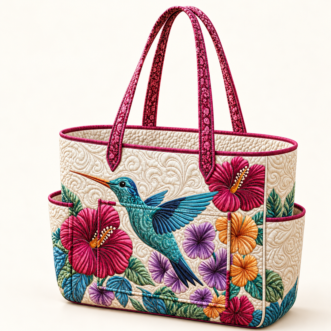 Saoirse | Quilted Tote Bag with an Elegant Hummingbird on a light cream background