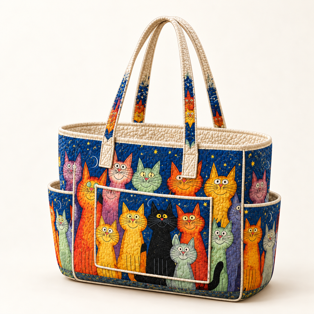 Aoife | Quilted Tote Bag with Colourful Cats on a light cream background