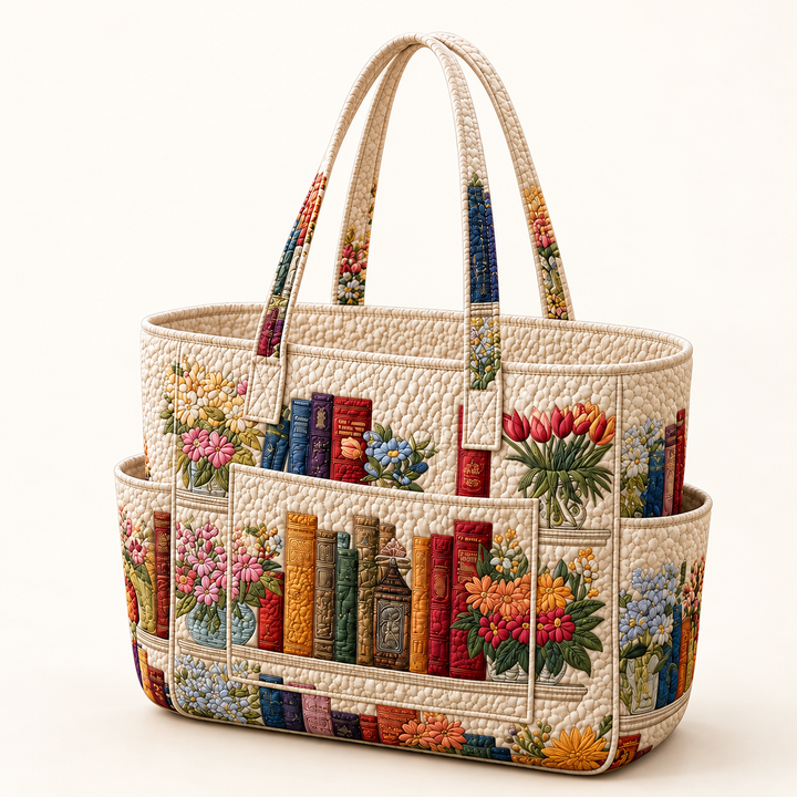 Caoimhe | Quilted Tote Bag with Books on a light cream background
