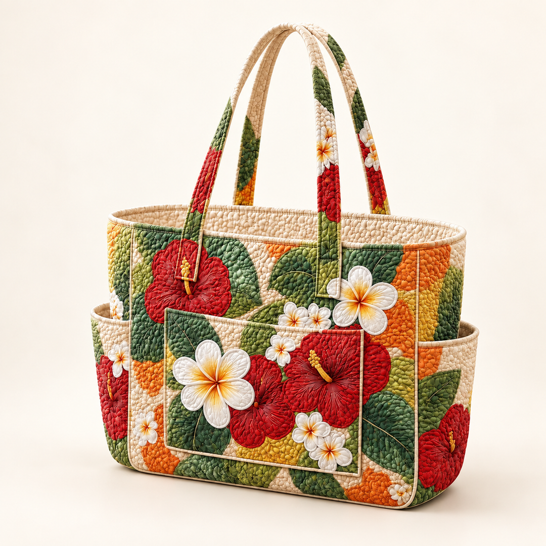 Ciara | Quilted Tote Bag with Sunset Hibiscus on a light cream background