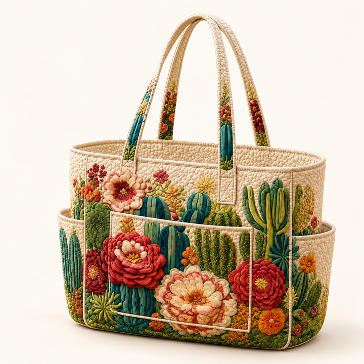 Clodagh | Quilted Tote Bag with Flowering Cacti on a light cream background