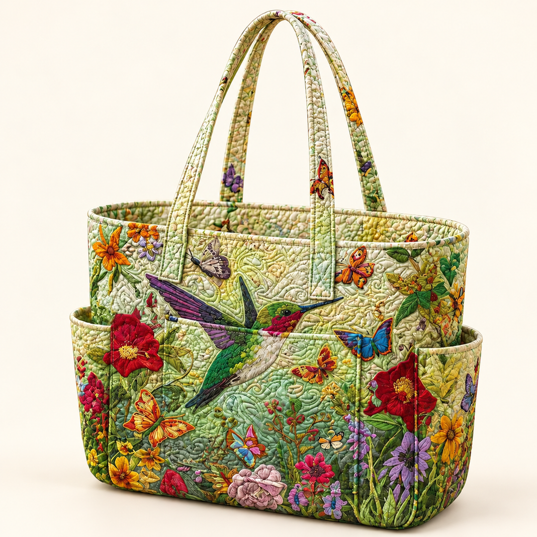 Gráinne | Quilted Tote Bag with Hummingbirds and Flowers on a light cream background