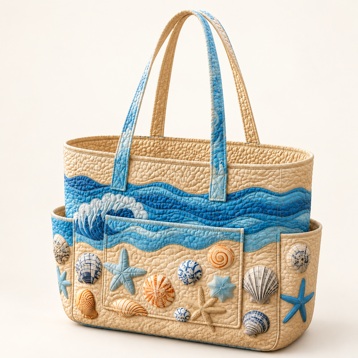 Fiadh | Quilted Tote Bag with Ocean Treasures on a light cream background
