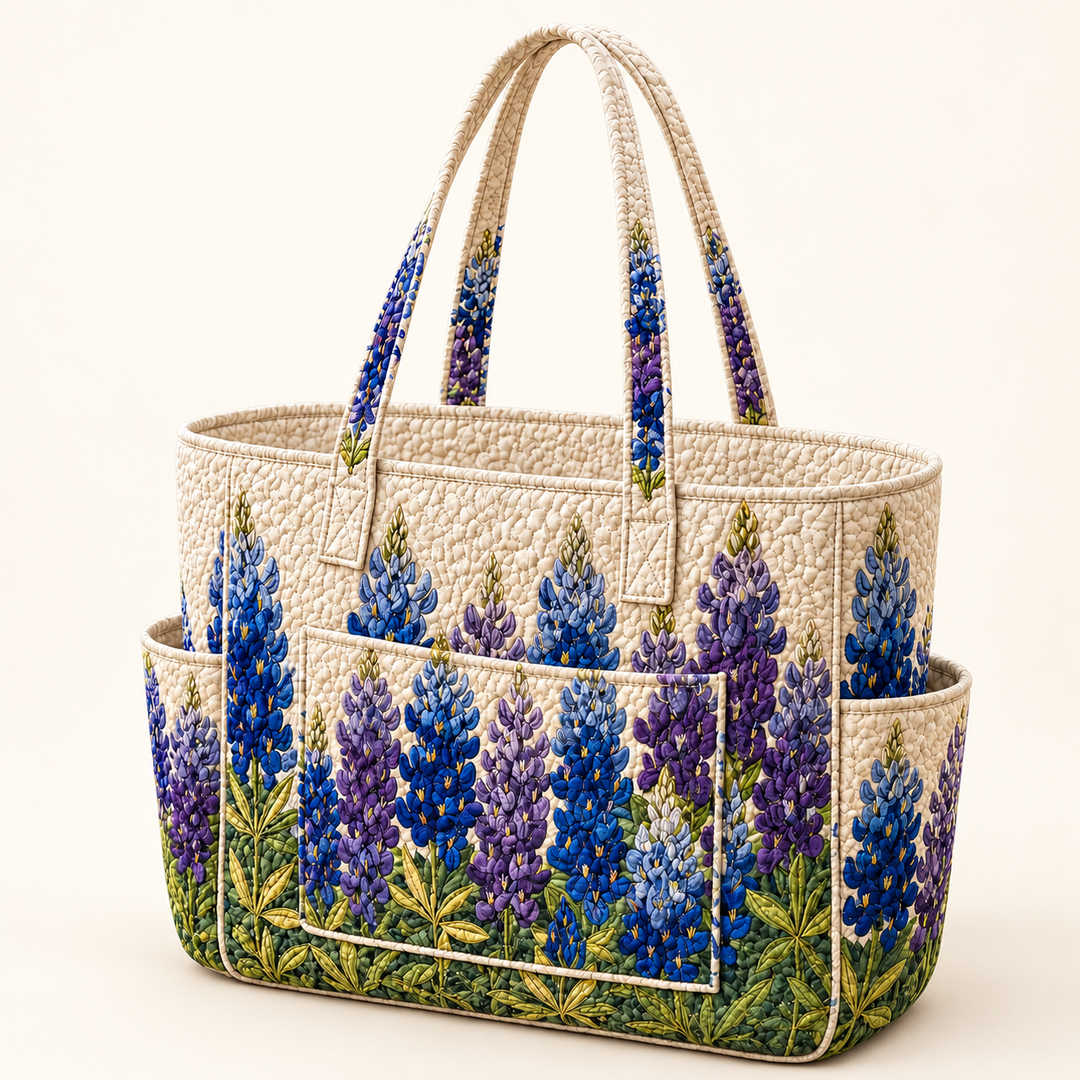 Aisling | Quilted Tote Bag with Blue Flowers on a light cream background