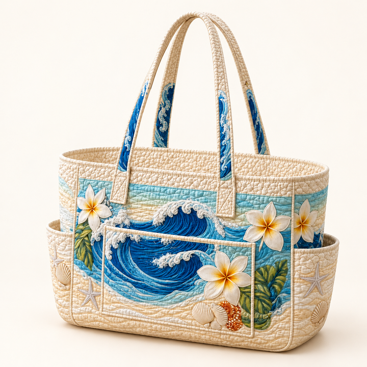 Bríd | Quilted Tote Bag with Frangipani Flowers on a light cream background