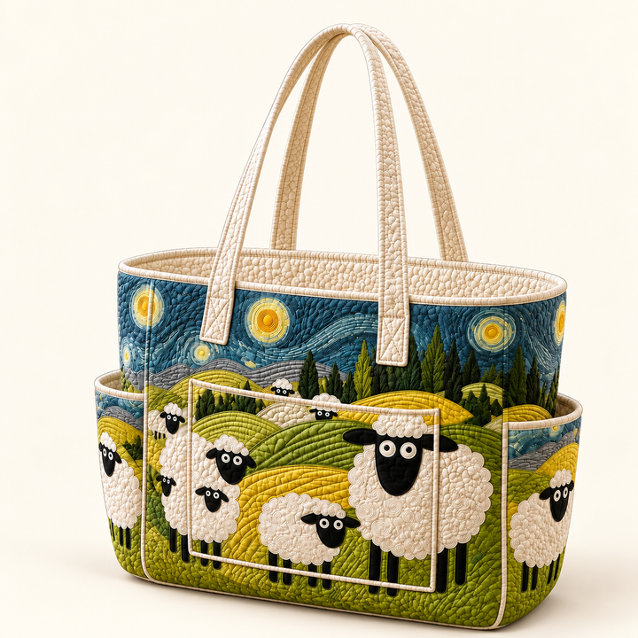 Áine | Quilted Tote Bag with Lambs in the Meadow on a light cream background