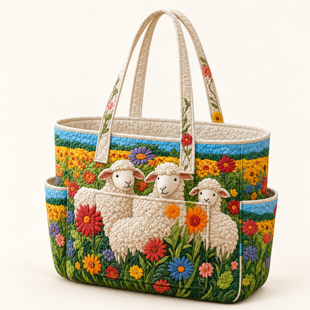 Laoise | Quilted Tote Bag with Sheep and Flowers on a light cream background