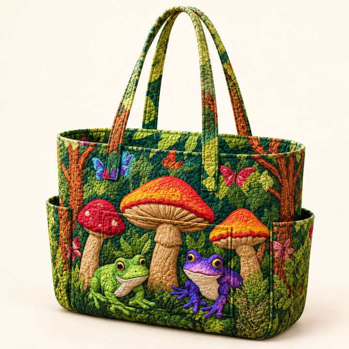 Doireann | Quilted Tote Bag with a Mushroom Garden on a light cream background