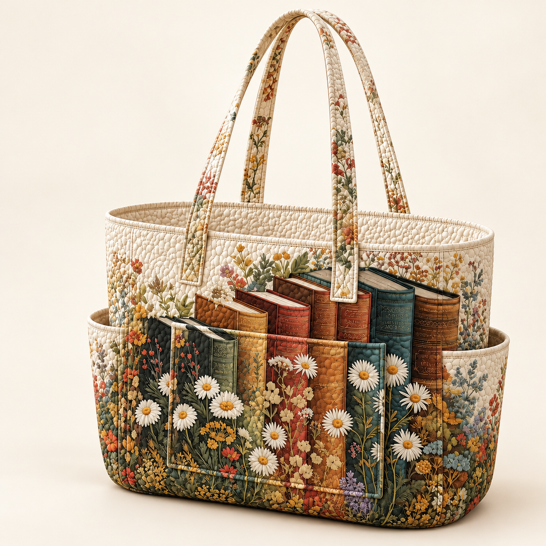 Éabha | Quilted Tote Bag with Books on a light cream background