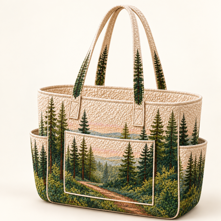 Aoibhín | Quilted Tote Bag with a Forest Path on a light cream background