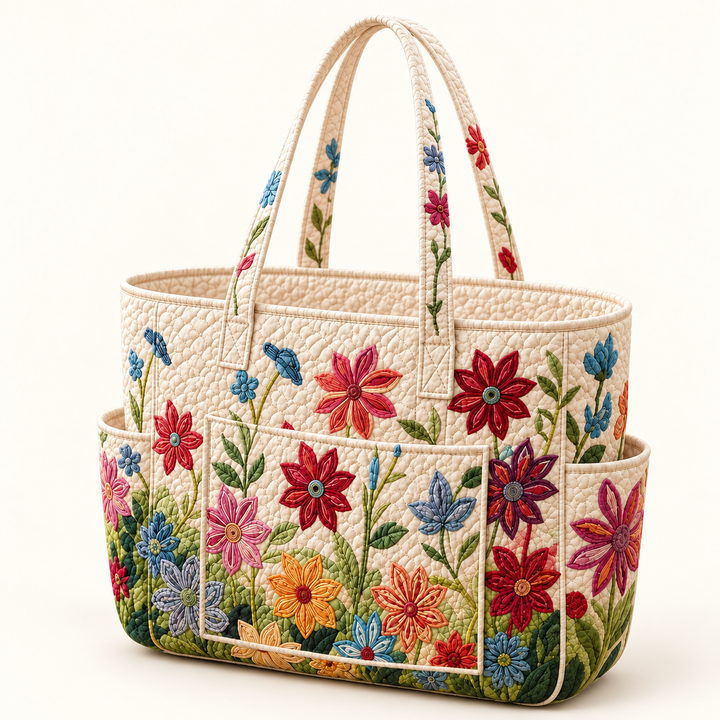 Tríona quilted floral tote bag on a cream background