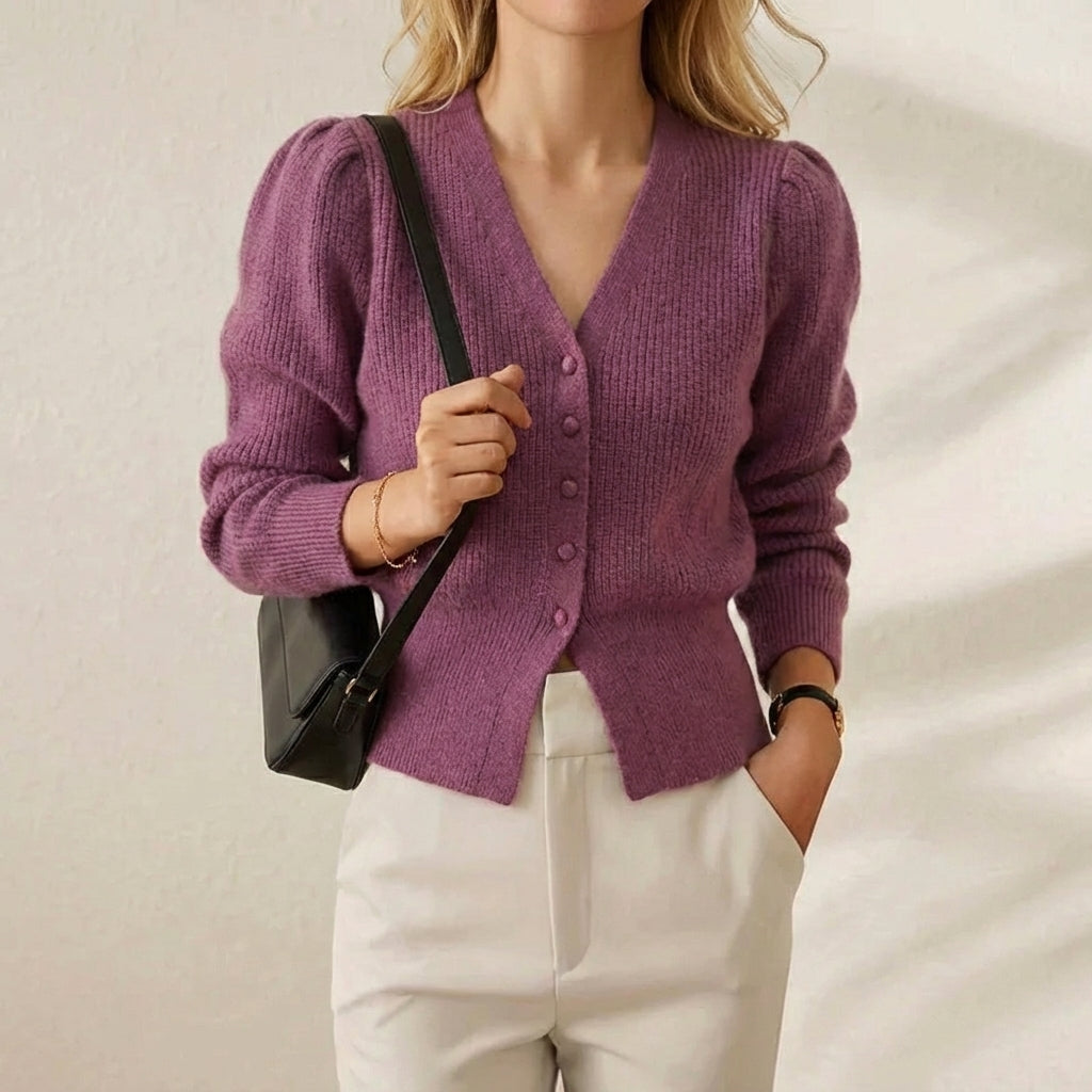 Niamh – Ribbed Puff Sleeve V-Neck Cardigan