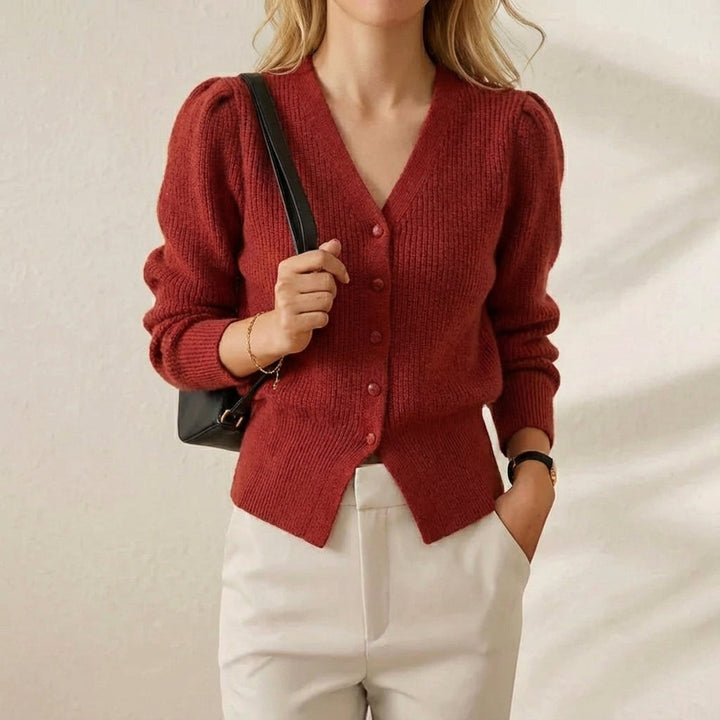 Niamh – Ribbed Puff Sleeve V-Neck Cardigan