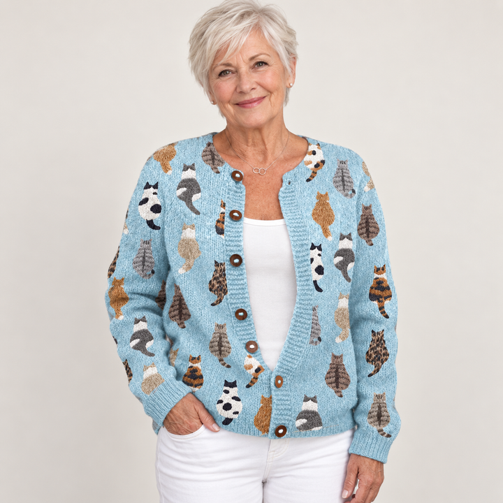 Charlotte | Cat-Print Buttoned Knit Cardigan