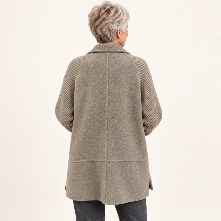 Women's Mid-Length Double-Breasted Coat with Knit Sleeves