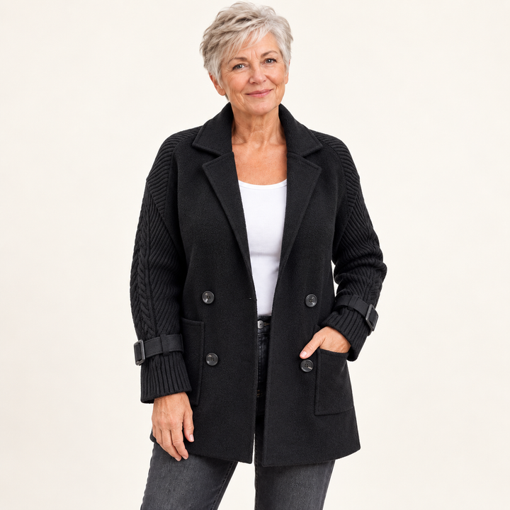 Women's Mid-Length Double-Breasted Coat with Knit Sleeves