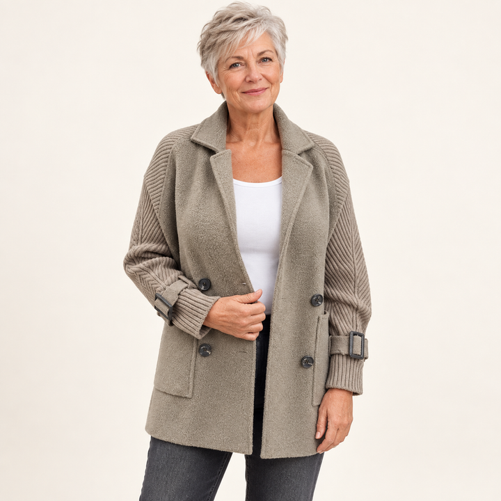 Women's Mid-Length Double-Breasted Coat with Knit Sleeves